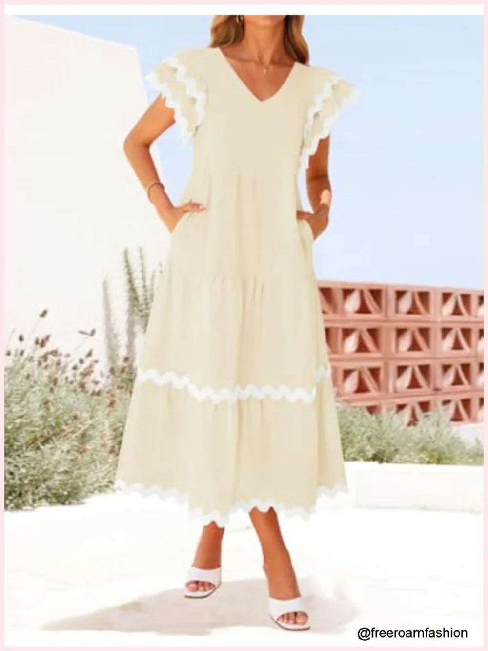 V Neck Flutter Short Sleeve Ruffle Tiered A Line Flowy Midi Dress Beach Casual